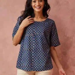 Fabindia Blue Cotton Printed Top-image-44