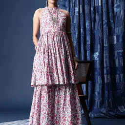 Taavi Sanganeri Floral Printed Pleated Pure Cotton Kurta with Sharara image 4