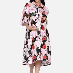 The Kaftan Company Women Maternity Floral Printed Shirt Collar Fit & Flare Midi Dress image 1