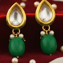 JEWELOPIA Gold-Plated Kundan Studded Teardrop Shaped Drop Earrings image 4