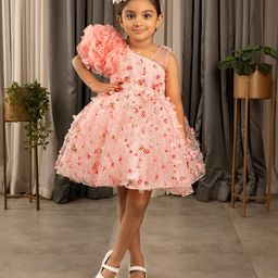 Ministitch One Shoulder Ruffled & Seamless 3D Flowers And Butterflies Embellished & Dobby Work Detailed Fit & Flare - Peach-picture-17