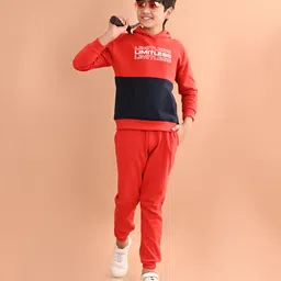 Lilpicks Couture Full Sleeves Placement Limitless Printed Colour Blocked Terry Fleece Hooded Sweatshirt & Joggers Set - Red-image-32