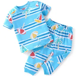 Babyhug Cotton Knit Half Sleeves Night Suit With Beach Theme Print - Blue-picture-28