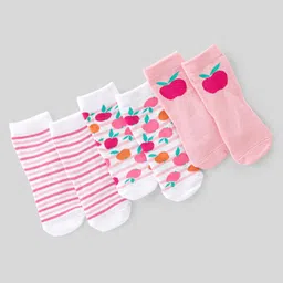 Cute Walk By Babyhug Non Terry Knit Anti-Bacterial Ankle Length Socks Stripes & Apple Design Pack Of 3 - Pink & White-picture-31