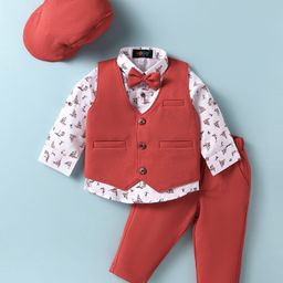 Robo Fry Lycra Knit Full Sleeves Car Printed 3 Piece Party Suit with Bow & Hat - Red-picture-11