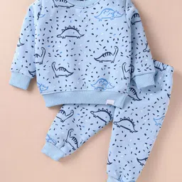 Teddy Fleece Knit Full Sleeves Winter Wear Night Suit with Dino  Print - Light Blue-picture-18