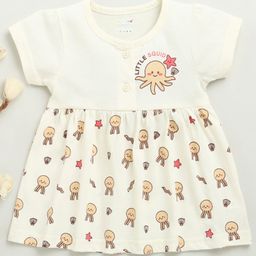 BUMZEE Cotton Knit Half Sleeves Frock with Octopus Print - Cream-picture-1