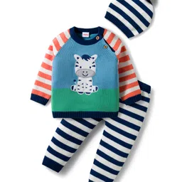 Babyhug Organic Cotton Knitted Full Raglan Sleeves Striped Sweater Set With Zebra Embroidery & Cap - Multicolor image 1