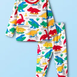 Babyhug Cotton Knit Full Sleeves Co-ords Night Suit With Dino Print - White-picture-18