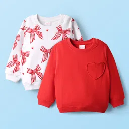 Babyhug Cotton Knit Full Sleeves Sweatshirts With Bow Print & Heart Applique - Red & White-picture-17