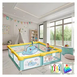 MONSTECH Baby Playpen 120x120cm for 0-5 Years, 2 Anti-Fall Rings, Safety Lock, Breathable Mesh, Kids Activity Center-Green and Yellow-picture-18