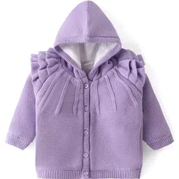 Babyhug Knit Full Sleeves Solid Color Hooded Front Open Sweater with Frill Detailing - Lavender-picture-38