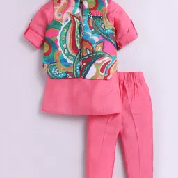 LITTLE COLLARS Blended Woven Full Sleeves Solid Kurta Pyjama With Paisleys Printed Jacket Set - Pink-picture-16