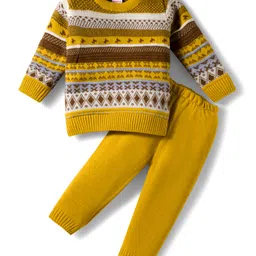Babyhug Knit Full Sleeves Pullover Sweater Set With Aztec Design - Mustard-picture-19