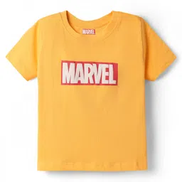 Babyhug Marvel Single Jersey Knit Half Sleeve Tee & Dungaree Set with Avengers Print - Yellow & Blue image 2