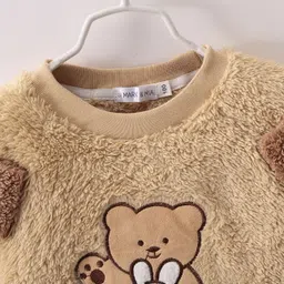 Mark & Mia Full Sleeves Winter Wear Fur Sweatshirt & Lounge Pant Set with Bear Patch Detailing - Beige image 3