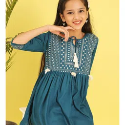 ISHTI Rayon Woven Three Fourth Sleeves Sequins Embroidered Top - Teal Blue image 5
