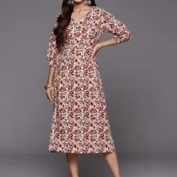 Varanga White Cotton Floral Print A-Line Dress-image-87