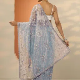 Libas Blue Embroidered Saree With Unstitched Blouse image 2