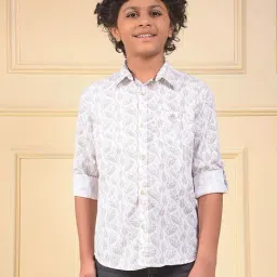 Crimsoune Club Boys White Cotton Slim Fit Floral Print Shirt-picture-26