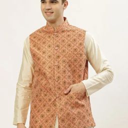 Jompers Peach Regular Fit Printed Nehru Jacket-picture-9