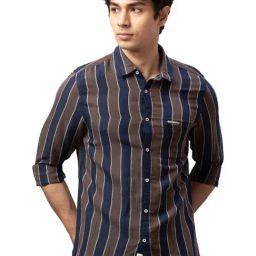 Being Human Navy Blue & Brown Cotton Slim Fit Striped Shirts-picture-10