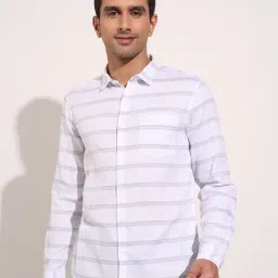 Peregrine by Pantaloons Bright White Slim Fit Stripes Shirts-picture-21