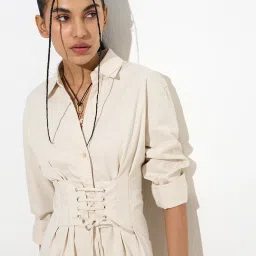 nuon women Nuon by Westside Beige Criss-Cross Detailed Cotton-Blend Shirt Dress image 5