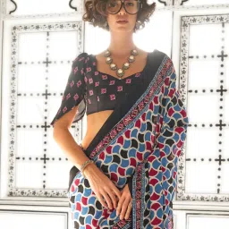 Vardha Medium Blue Printed Saree With Unstitched Blouse image 5