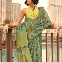 Vardha Mint Green Printed Saree With Unstitched Blouse image 5