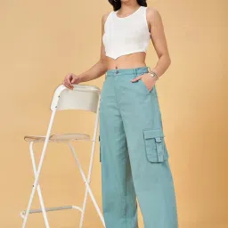 YU by Pantaloons Turquoise Mid Rise Flared Pants image 5