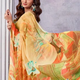Satrani Yellow Printed Saree With Unstitched Blouse image 5