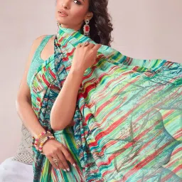 Satrani Green Printed Saree With Unstitched Blouse image 5