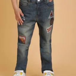 Tales & Stories Boys Khaki Tint Cotton Embroidered Jeans-picture-22