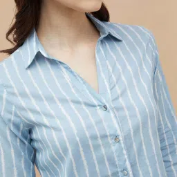 Code By Lifestyle Blue Cotton Regular Fit Striped Shirt image 5