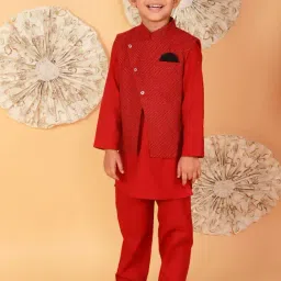 Lil Drama Kids Red Printed Full Sleeves Kurta, Jacket with Pyjamas image 3