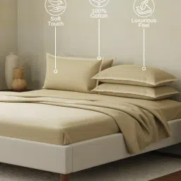 Boutique Living Cotton Charm Beige Cotton 400 TC Flat King Bedsheet with 2 Pillow Covers image 2