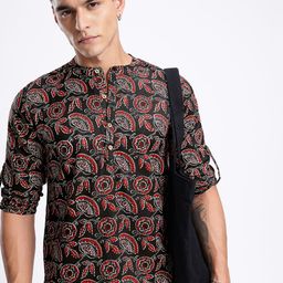 Anouk Rustic Band Collar Indie Floral Printed Roll-Up Sleeves Kurta-picture-20