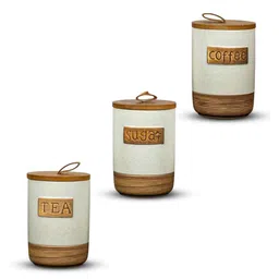 aarvi decor studio Set of 3 Brew Essentials luxe Ceramic and Wooden Jar Containers image 3