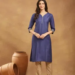 Fabindia Navy Viscose Silk Hand Embroidered Long Kurta-image-26