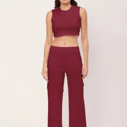 Moomaya Maroon Cotton Crop Top With Pyjamas-image-22