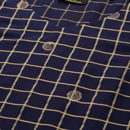 MBE Women Navy Blue & Golden Geometric Checked Bell Sleeves Indigo Kurta image 2