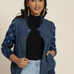 Taavi Women Navy Blue & White Indigo Hand Block Printed Jacket with Contrast Print Sleeves image 2