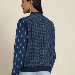 Taavi Women Navy Blue & White Indigo Hand Block Printed Jacket with Contrast Print Sleeves image 3