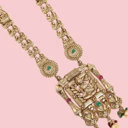 ORANGENYSHA Gold Plated Stone Studded & Beaded Temple Jewellery Set image 3