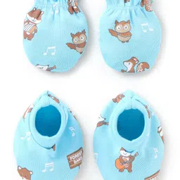 Babyhug 100% Cotton Knit Mittens & Booties Set Owl Print - Blue-picture-28