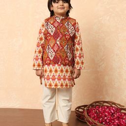 READIPRINT Full Sleeves Floral Motif Printed Kurta & Pyjama With Nehru Jacket Set - Maroon-picture-44