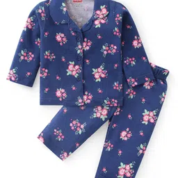 Babyhug Cotton Knit Full Sleeves Collar Neck Night Suit with Floral Print - Navy Blue-picture-15