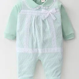 ToffyHouse 100% Cotton Knit Full Sleeves Peter Pan Collared Footed Romper with Net & Bow Detailing - Sea Green-picture-24