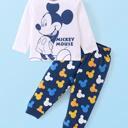Babyhug Disney Single Jersey Knit Full Sleeves Night Suit With Mickey Mouse Graphics - White & Navy image 1